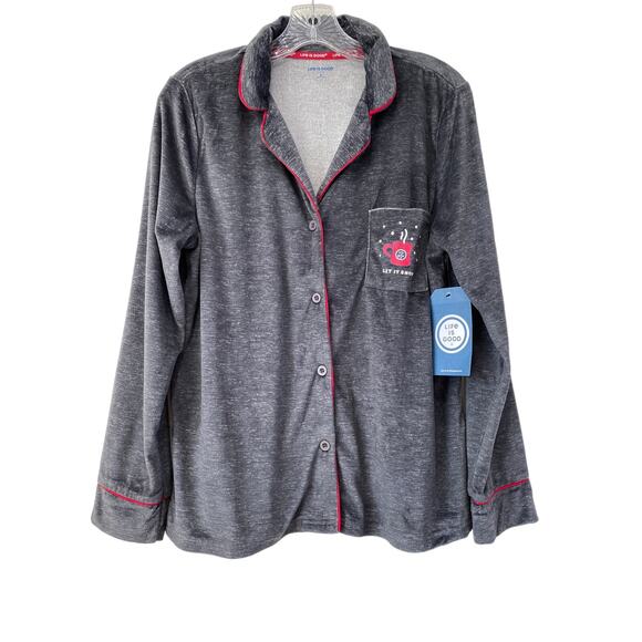 Life is Good NWT Let It Snow Gray Button Down Pajama Top Size L Camp Cabincore - Picture 1 of 8